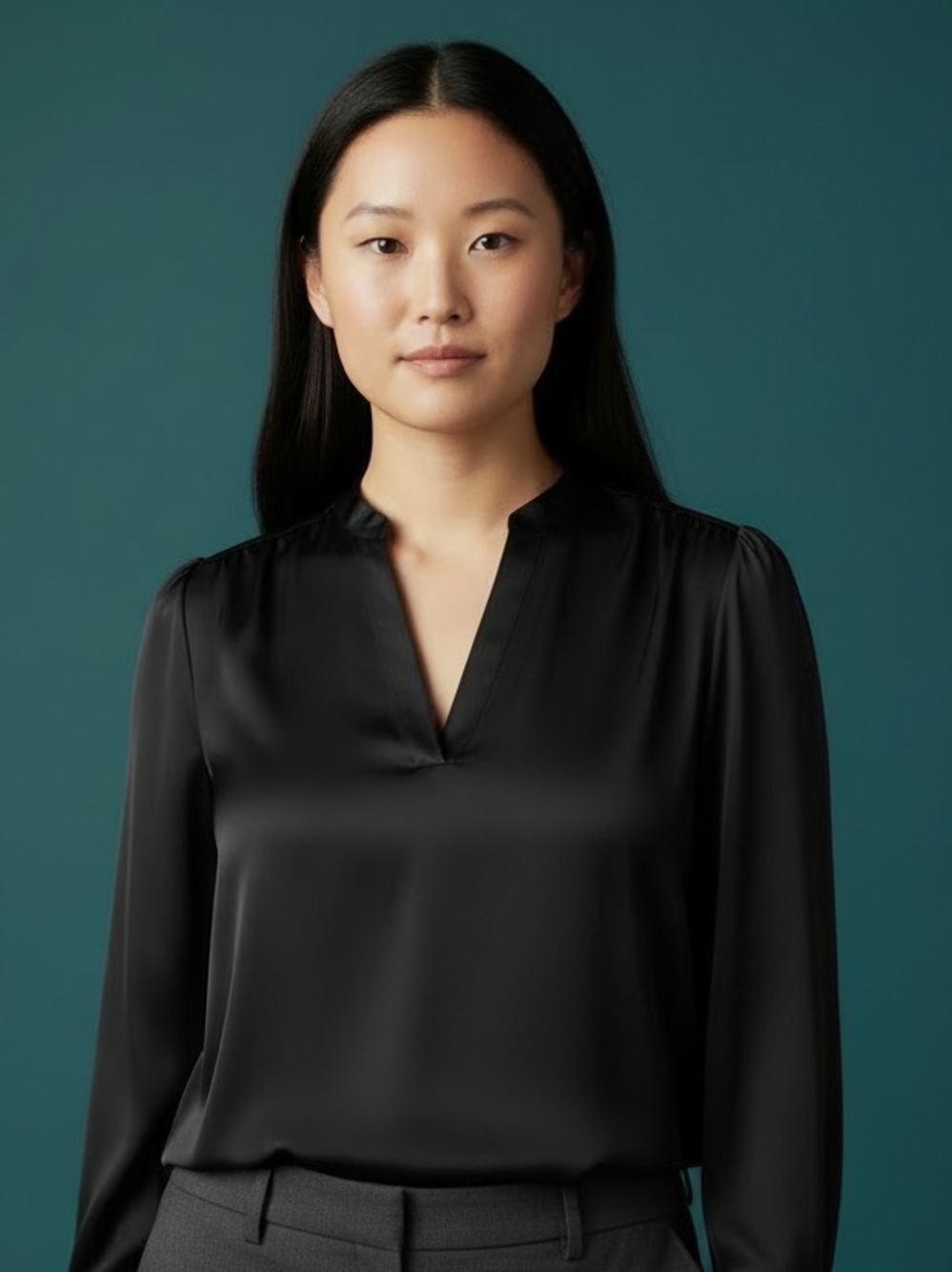 Banana Republic Black Satin Split-Neck Long Sleeve Blouse